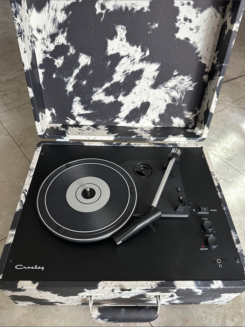 Crosley Black and White Cowhide Pattern Portable Turntable